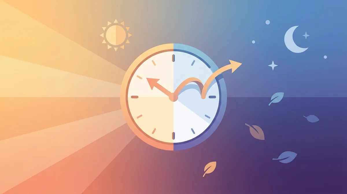 Um relógio analógico com ponteiros ajustados uma hora adiante contra um céu de nascer do sol na primavera, ilustrando o Horário de Verão