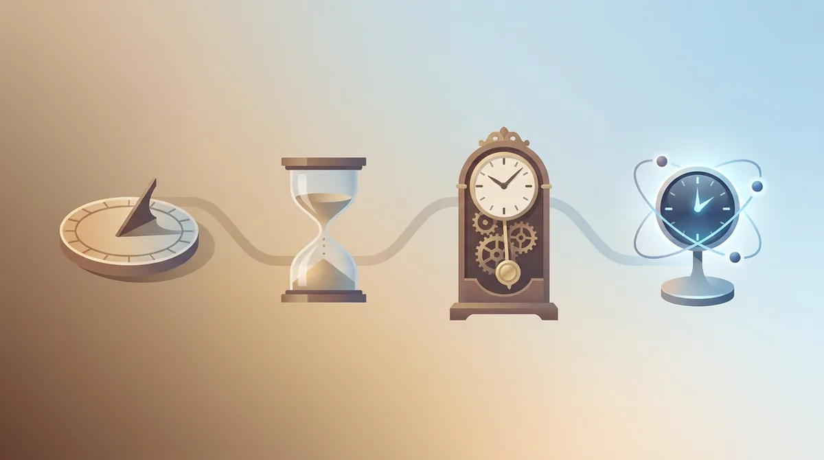 Uma linha do tempo visual de dispositivos de medição do tempo, desde um antigo relógio de sol egípcio e um relógio de água até um relógio de pêndulo, um cronômetro marinho e um relógio atômico moderno.