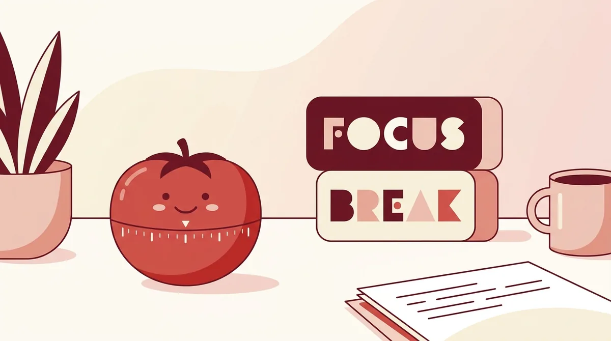 Um cronômetro de cozinha vermelho em forma de tomate sobre uma mesa ao lado de um caderno e caneta, ajustado para 25 minutos para uma sessão de trabalho focada