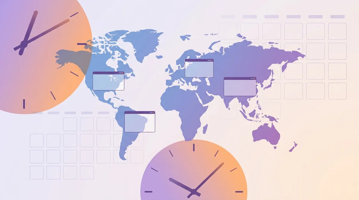 Uma fileira de relógios de parede mostrando horários diferentes para Londres, Nova York e Mumbai acima de um calendário de reuniões compartilhado